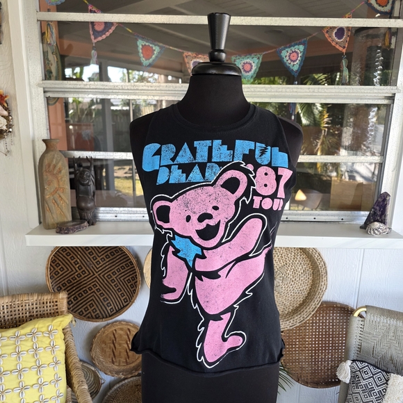 Grateful Dead Custom Cut Cropped Black Tank Top with Pink and Blue Bear M? - Picture 6 of 15